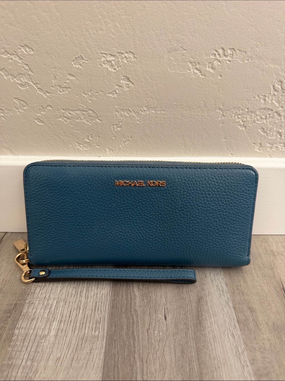 Michael Kors Blue Pebbled Leather Zip Wristlet Wallet with Gold Hardware